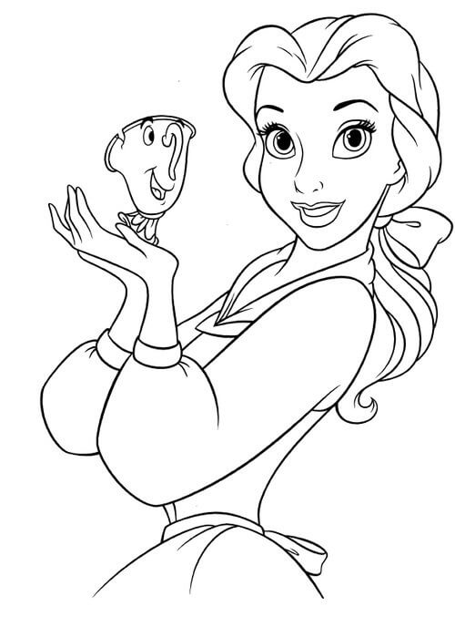 Dibujo de Belle Disney Sosteniendo una Taza Mgica para Colorear