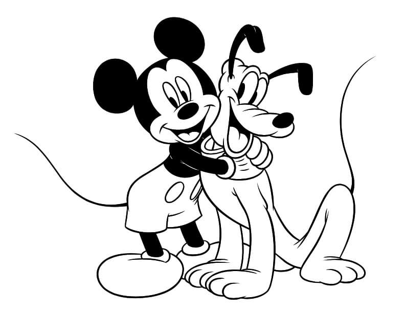 Dibujo de Disney Mickey Mouse Abrazando a Pluto para Colorear
