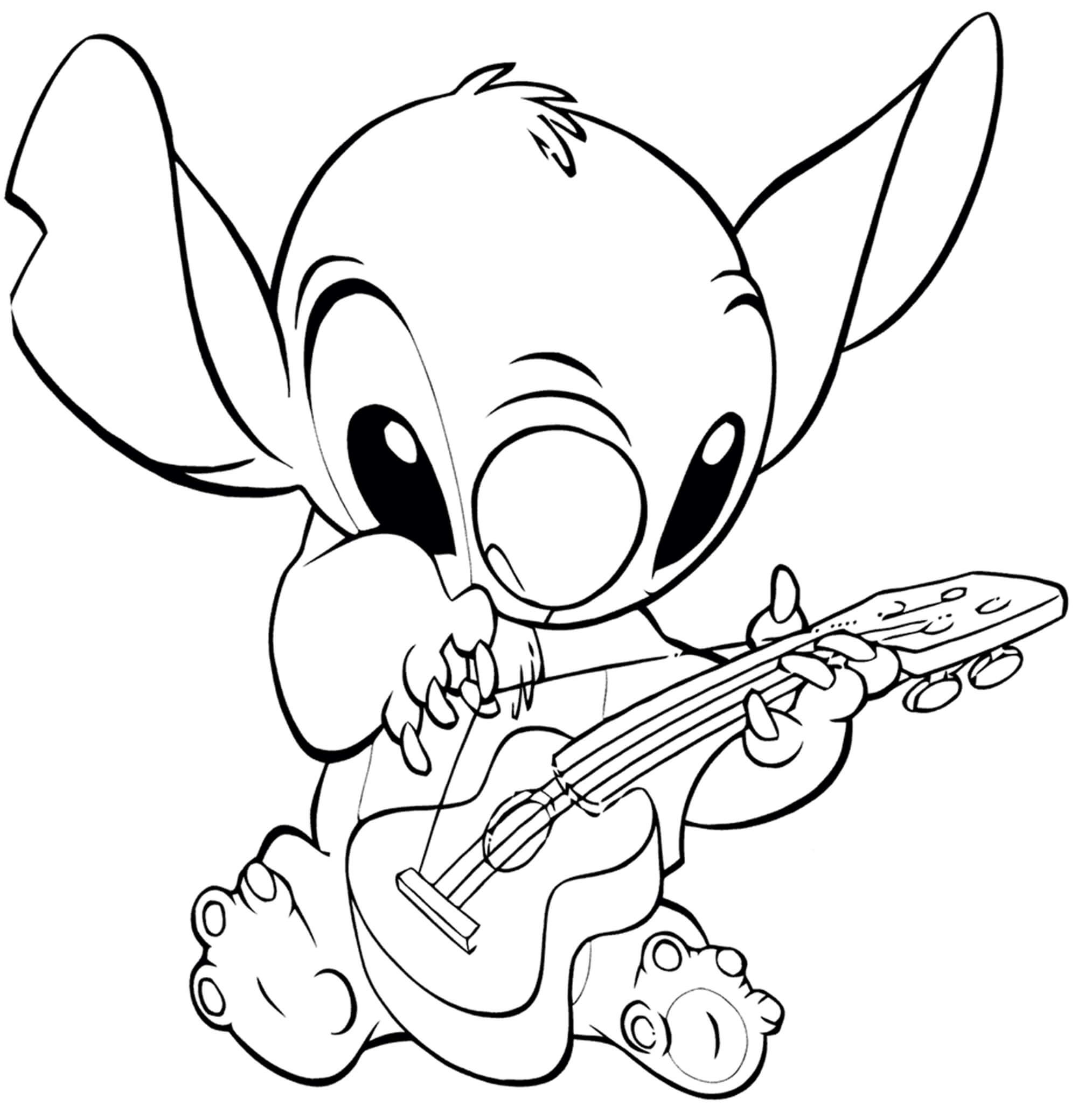 Dibujo de Disney Stitch Tocando la Guitarra para Colorear