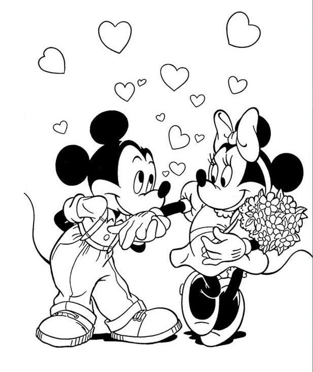 Dibujo de Mickey Mouse y Minnie Mouse Sonrientes Sosteniendo un Ramo de Flores para Colorear
