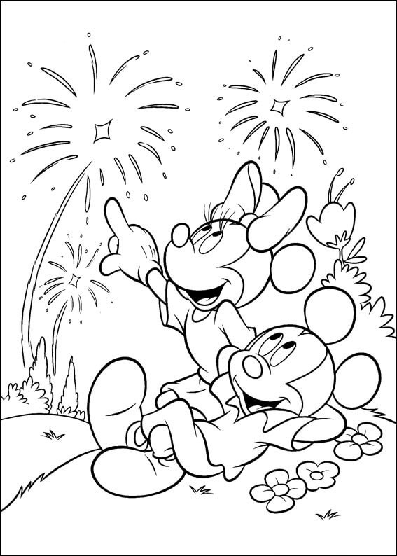 Dibujo de Mickey Mouse y Minnie Mouse Viendo Fuegos Artificiales para Colorear