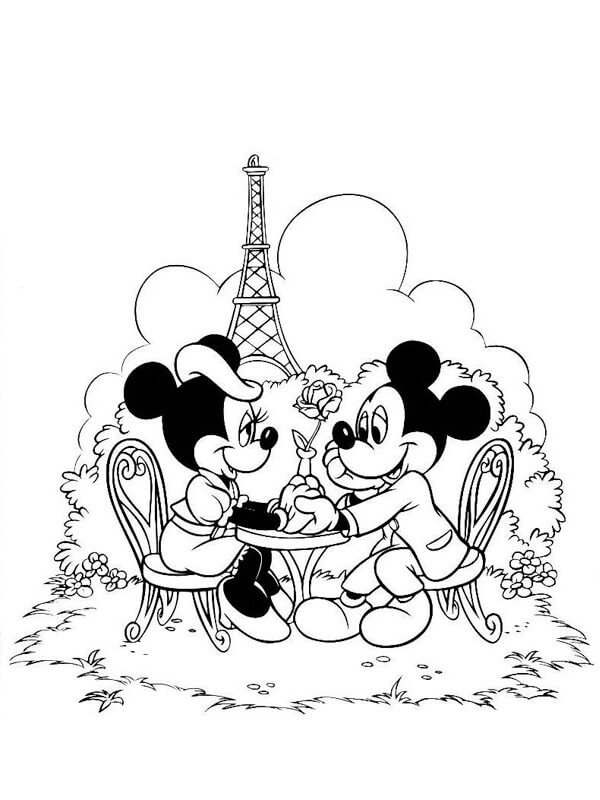 Dibujo de Mickey Mouse y Minnie Mouse en la Ciudad de Paris para Colorear