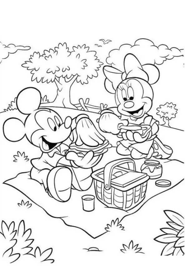 Dibujo de Minnie Mouse y Mickey en Picnic para Colorear