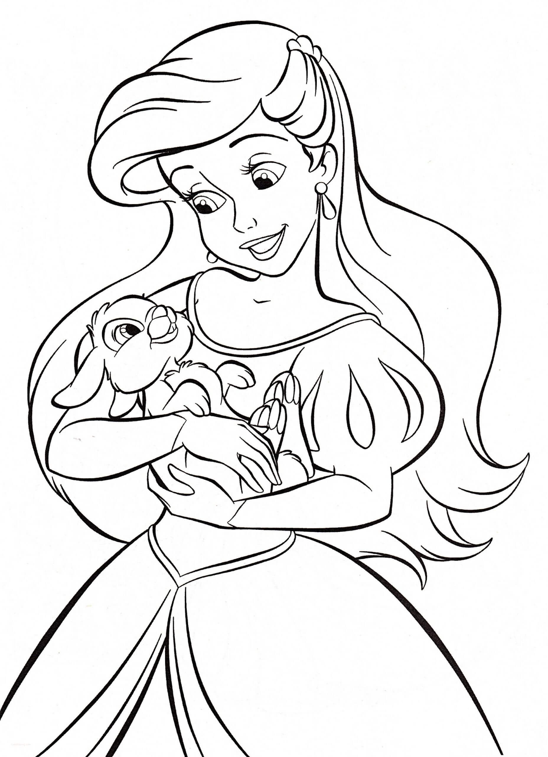 Dibujo de Princesa Ariel de Disney con Conejito para Colorear
