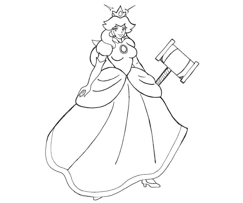 Dibujo de Princesa Peach Sonriente Sosteniendo un Martillo para Colorear