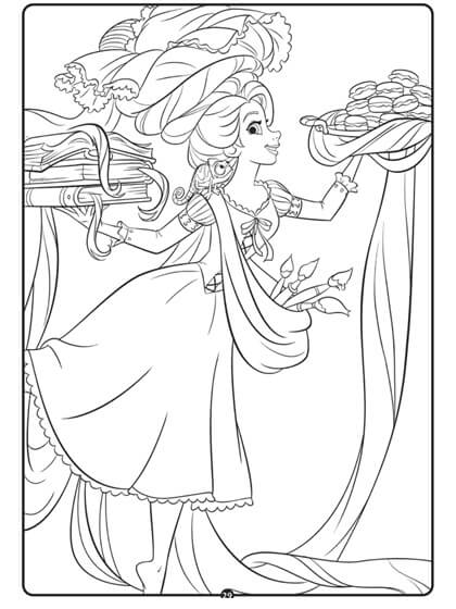 Dibujo de Rapunzel Sosteniendo Comida y Libros para Colorear