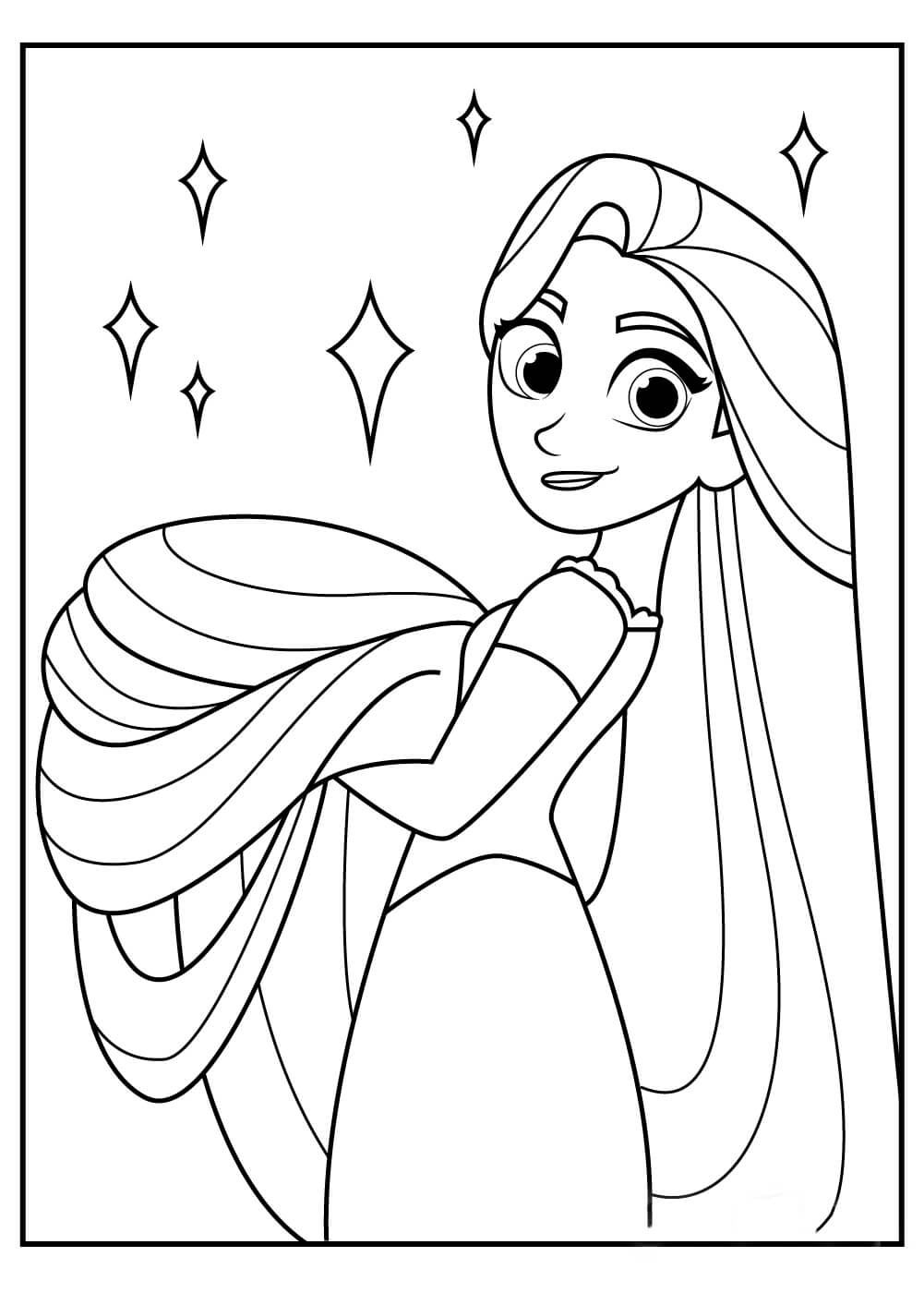 Dibujo de Rapunzel Sostiene Su Largo Cabello para Colorear