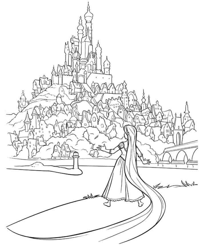 Dibujo de Rapunzel Se Qued Mirando el Reino para Colorear