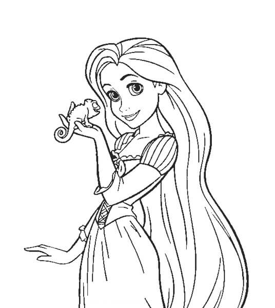 Dibujo de Rapunzel Sosteniendo Gecko para Colorear
