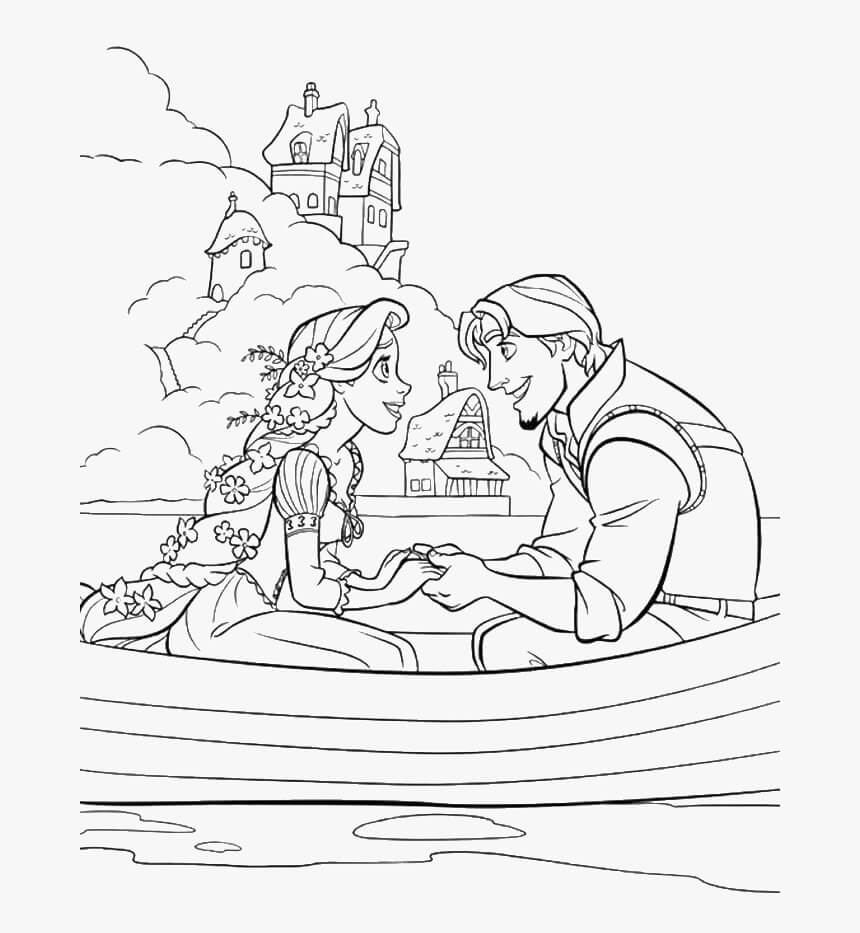 Dibujo de Rapunzel y Flynn Se Sientan en el Bote para Colorear