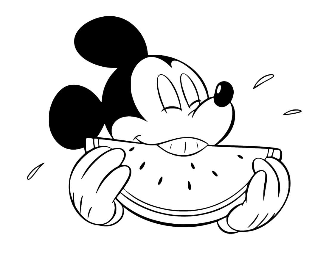 Dibujo de Mickey Mouse Comiendo sandía para Colorear