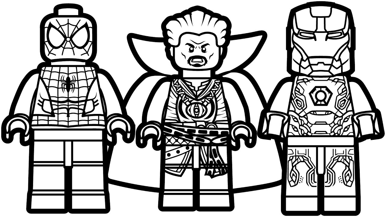 Dibujo de Lego Hombre araña Doctor Extrano y Hombre de Acero para Colorear