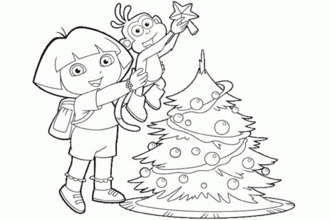 Dibujo de Dora y Botas Navidad para Colorear