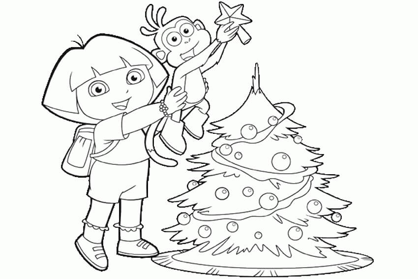Dibujo de Dora y Botas Navidad para Colorear