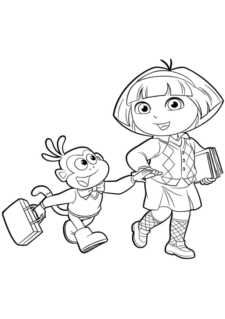 Dibujo de Dora y Botas Van a la Escuela para Colorear