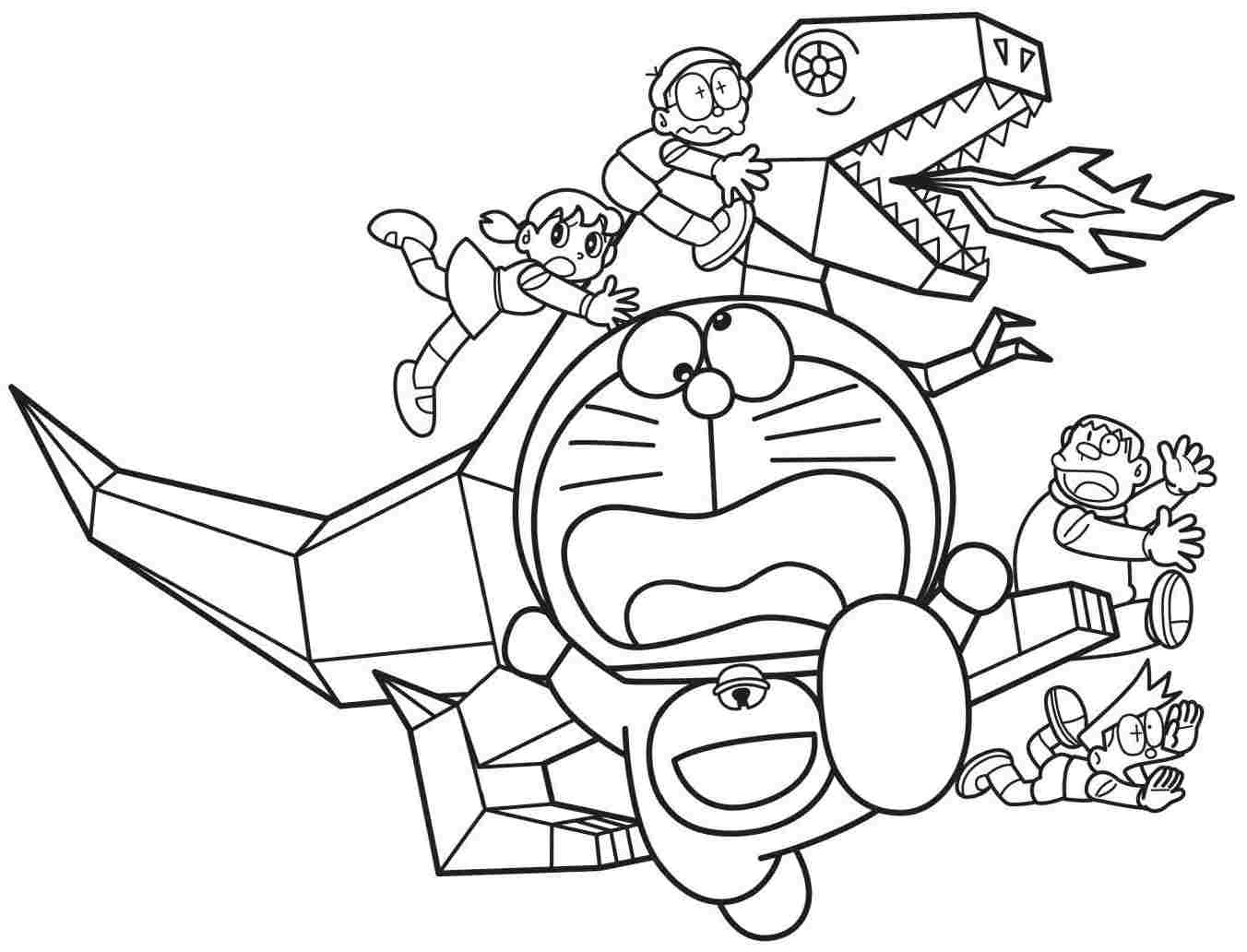 Dibujo de Doraemon y Dinosaurio de Papel para Colorear