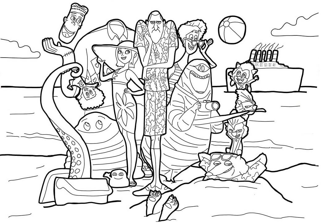 Dibujo de Drcula y Familia en la Playa para Colorear