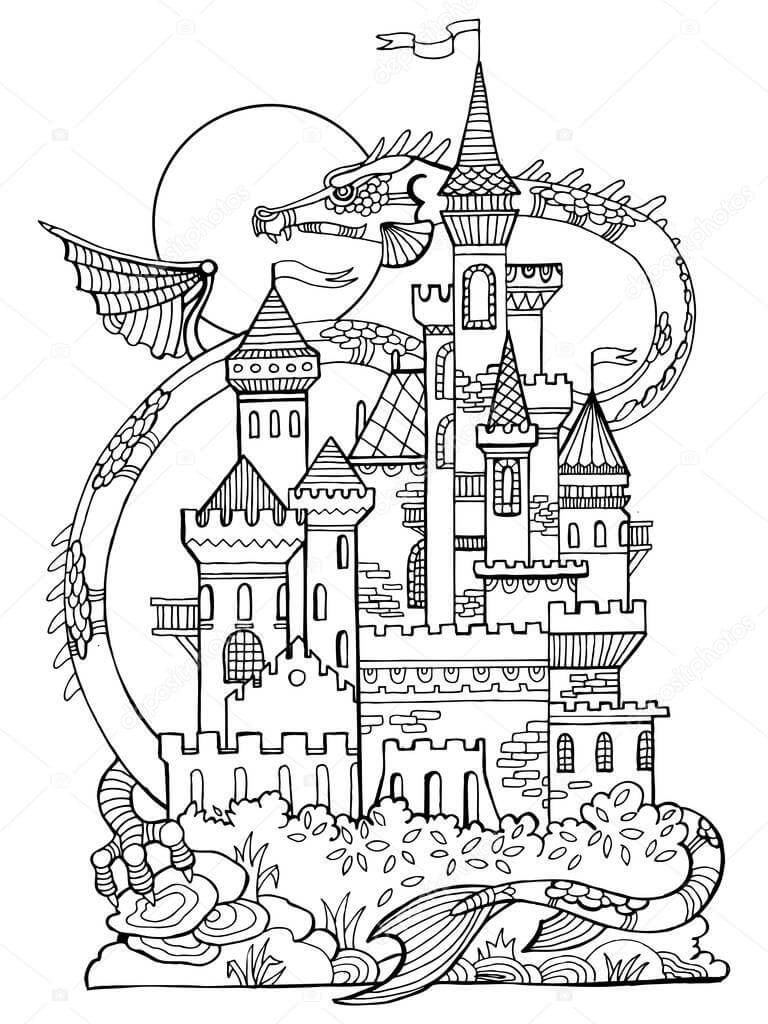 Dibujo de Castillo con dragón para Colorear