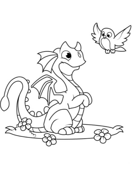 Dibujo de Dragón Sentado y pájaro para Colorear