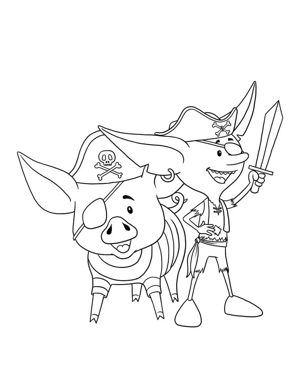 Dibujo de Duende y Cerdo Como Piratas para Colorear