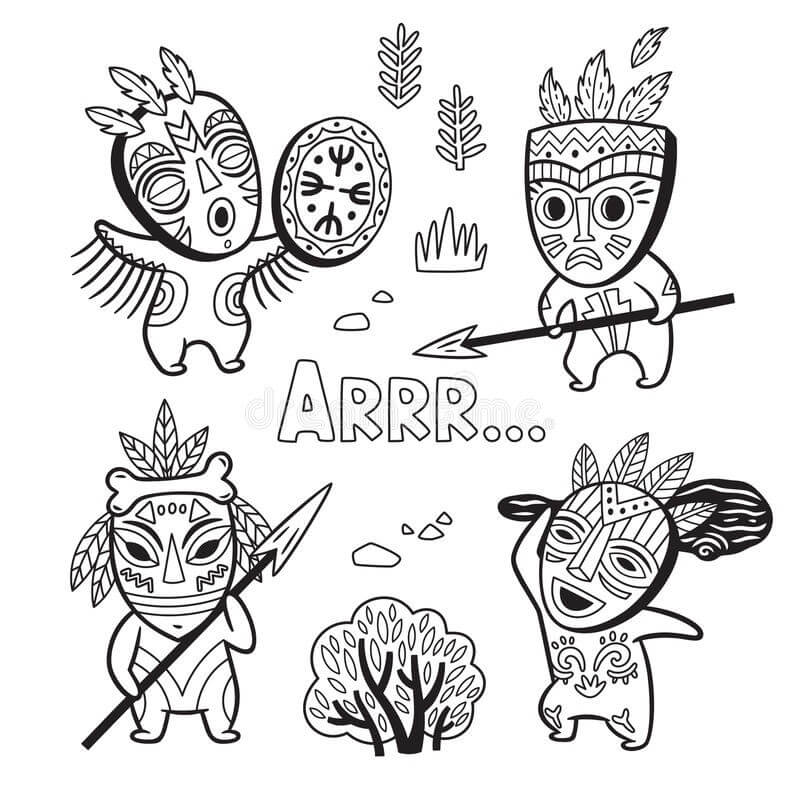 Dibujo de Conjunto de Personas de la Tribu de la Edad de Piedra en Mscaras para Colorear