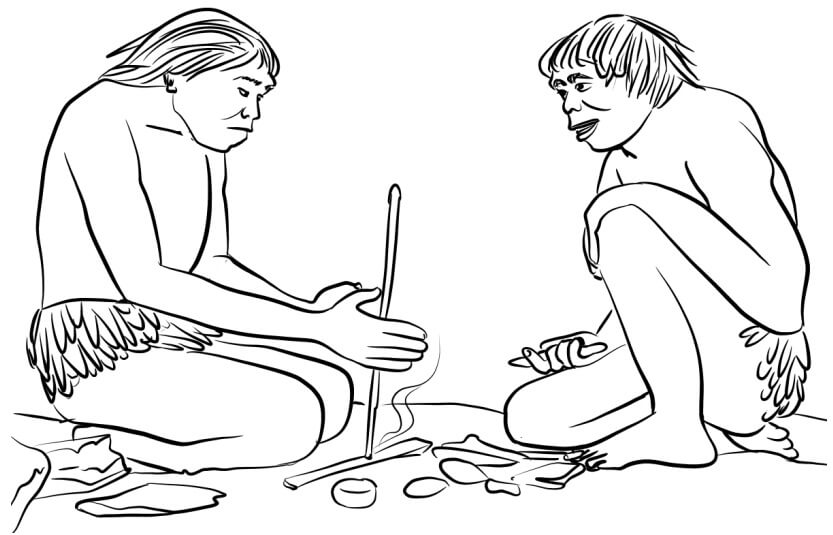Dibujo de Dos Hombre Antiguo Haciendo Fuego para Colorear