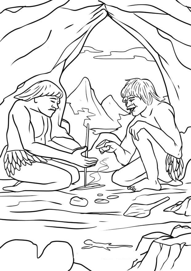 Dibujo de Dos Personas Primitivas Hacen un Fuego para Colorear