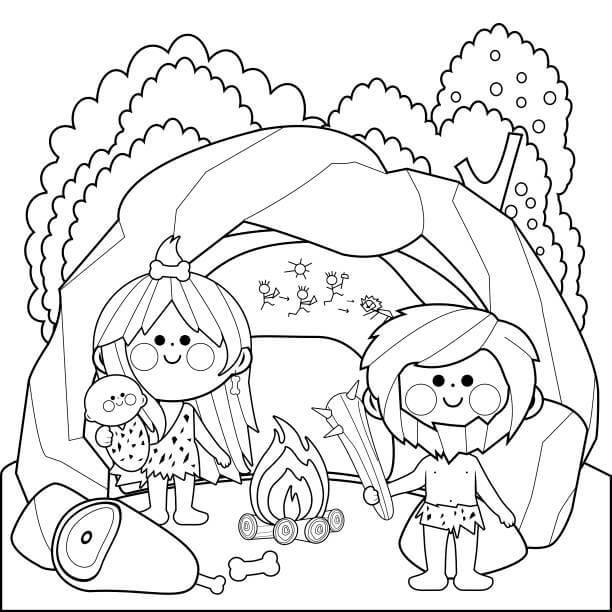 Dibujo de Edad de Piedra Familiar para Colorear