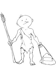 Dibujo de Hombre de las Cavernas de Dibujos Animados con Antorcha y Piedra para Colorear