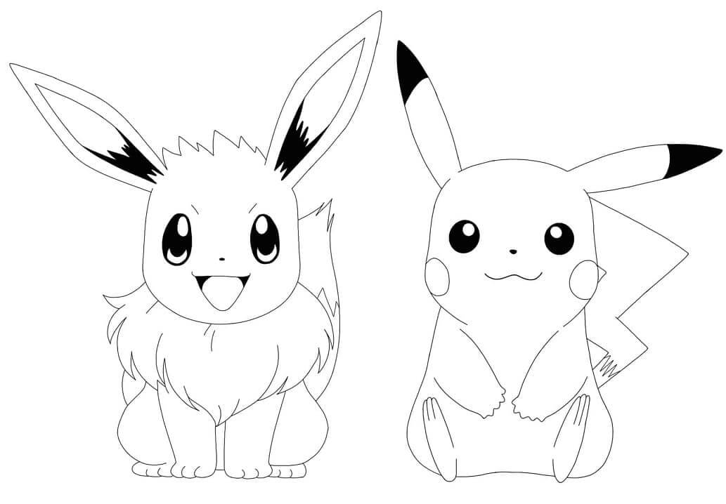 Dibujo de Eevee y Pikachu Feliz para Colorear