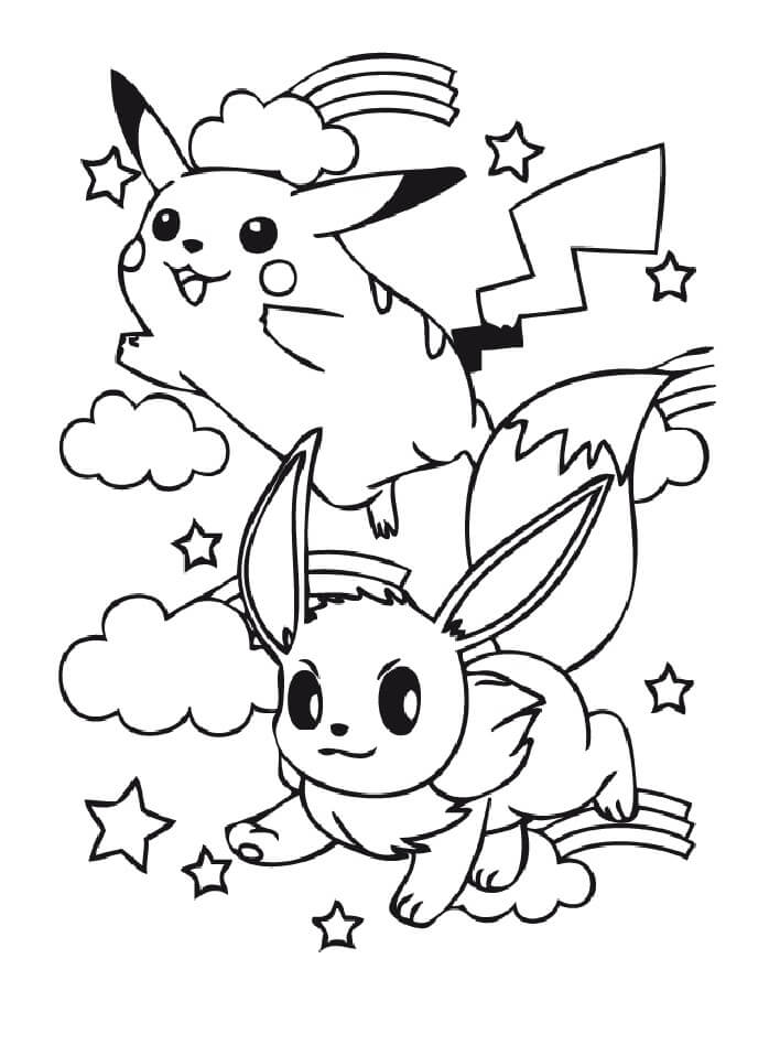Dibujo de Encantador Eevee y Pikachu para Colorear