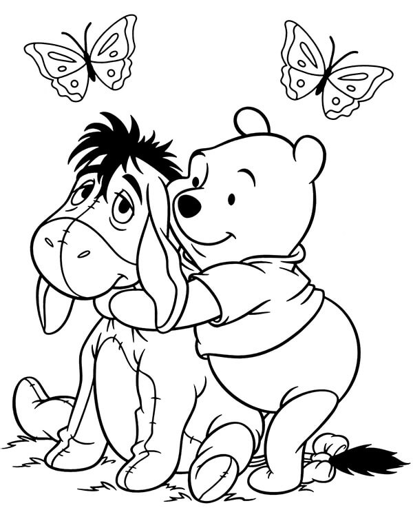Dibujo de Pooh con Eeyore y Mariposa para Colorear