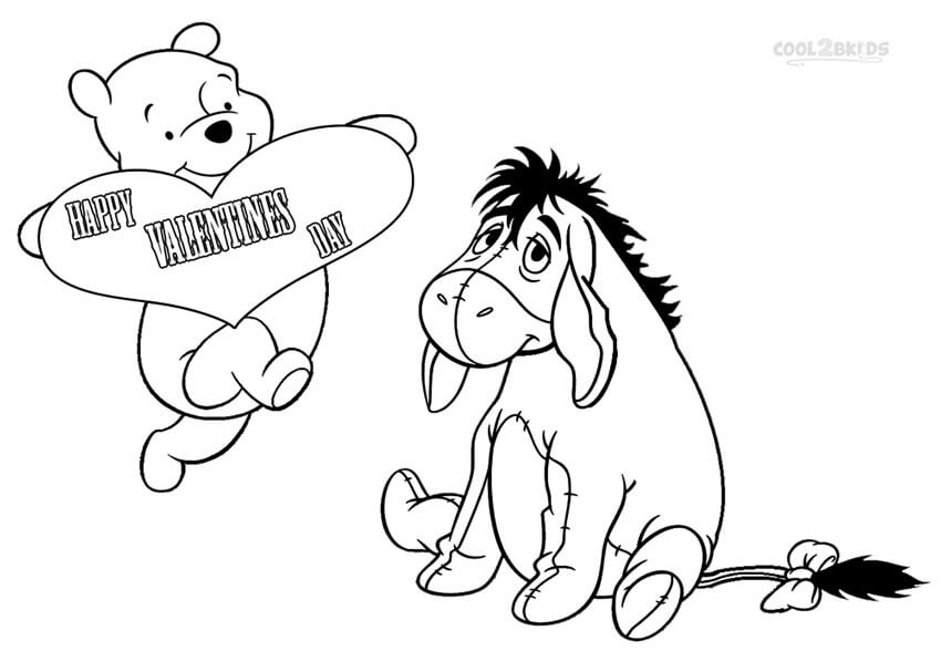 Dibujo de Pooh y Eeyore con Feliz Da de San Valentn para Colorear