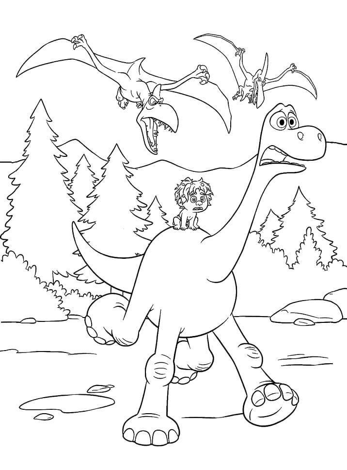 Dibujo de Arlo y Spot Escape de los Pterodctilos para Colorear