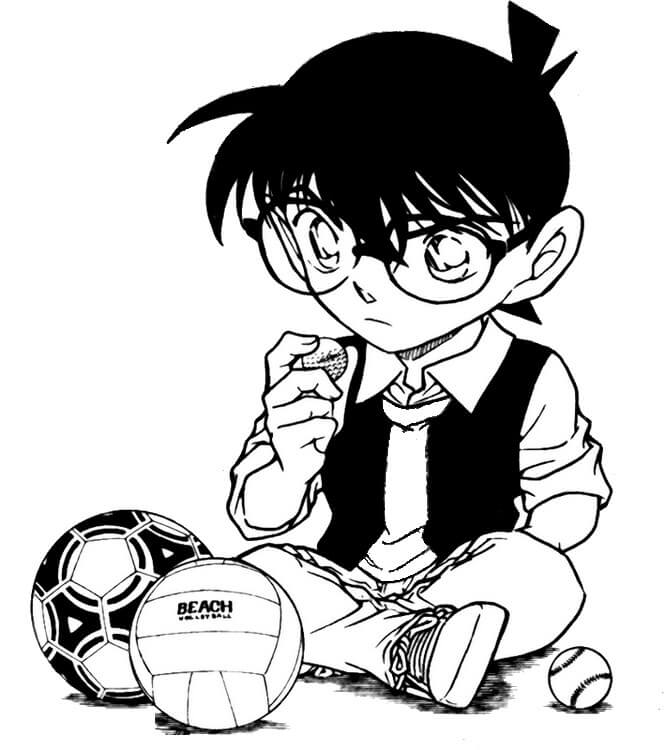Dibujo de Conan Sentado y Tres Bolas para Colorear
