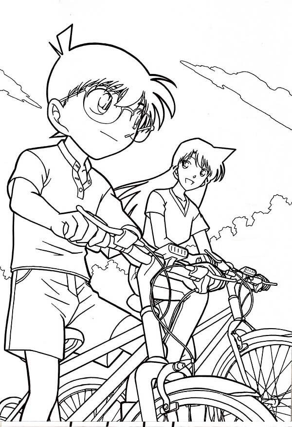 Dibujo de Conan y Ran en Bicicleta para Colorear