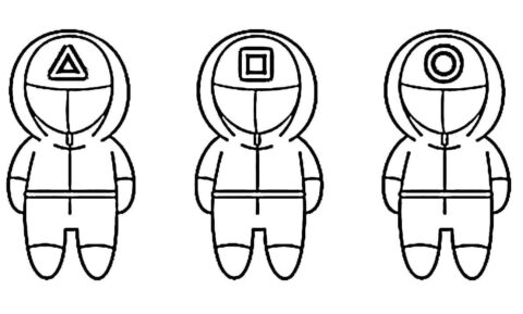 Dibujo de Tres Personas con Uniforme de la Guardia Roja de Juego de Calamar Chibi para Colorear