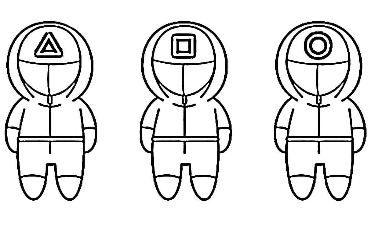 Dibujo de Tres Personas con Uniforme de la Guardia Roja de Juego de Calamar Chibi para Colorear