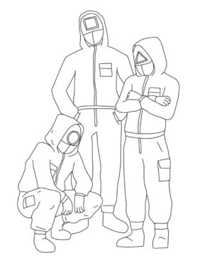 Dibujo de Tres Uniformes de Guardias Rojos de Juego de Calamar para Colorear