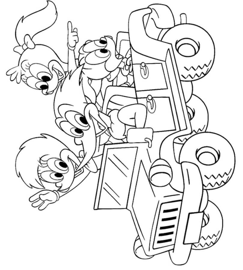 Dibujo de Pjaro Carpintero Leoso y Amigos en Coche para Colorear