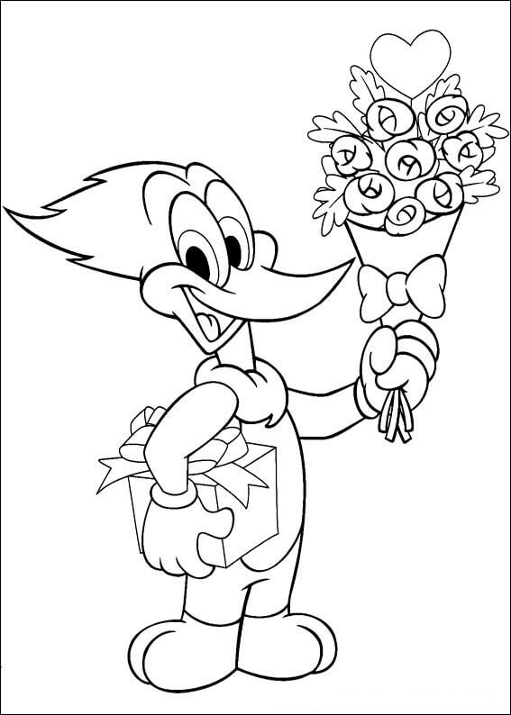 Dibujo de Pjaro Carpintero Sosteniendo una Rosa y una Caja de Gif para Colorear