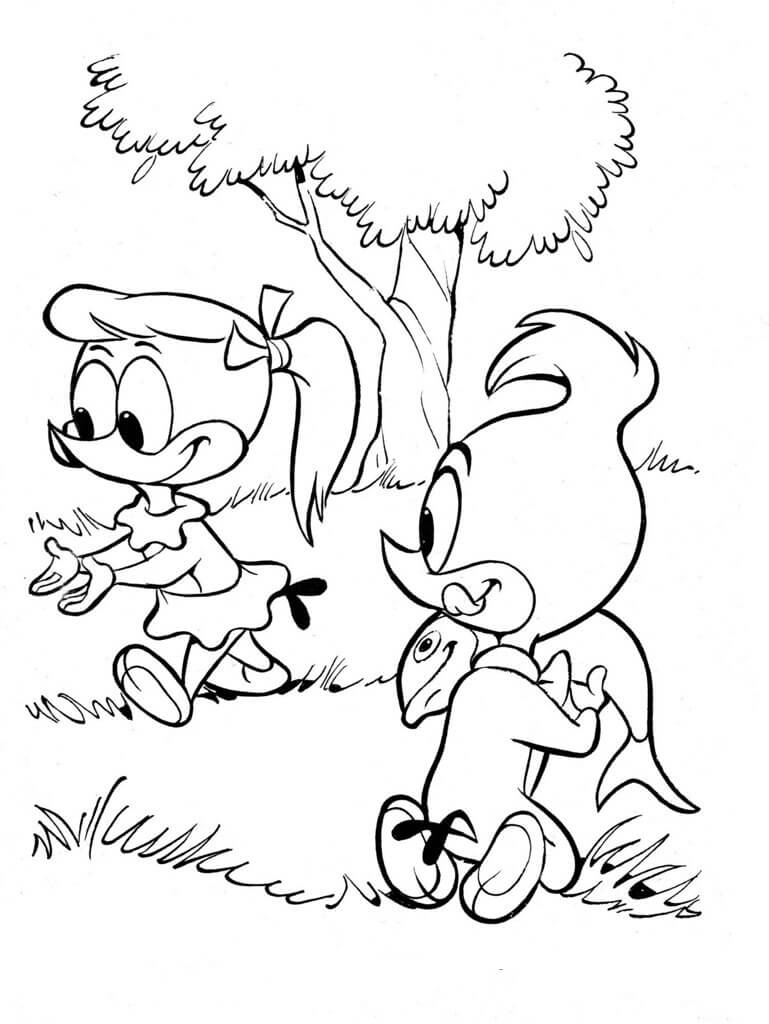 Dibujo de Pjaro Carpintero y Amigo Yendo a Pescar para Colorear