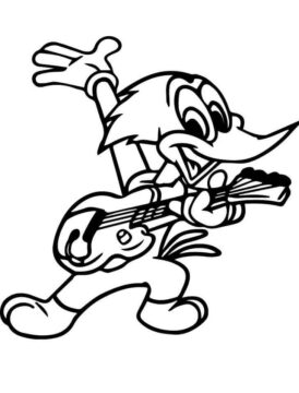 Dibujo de Woody Woodpecker Tocando la Guitarra para Colorear