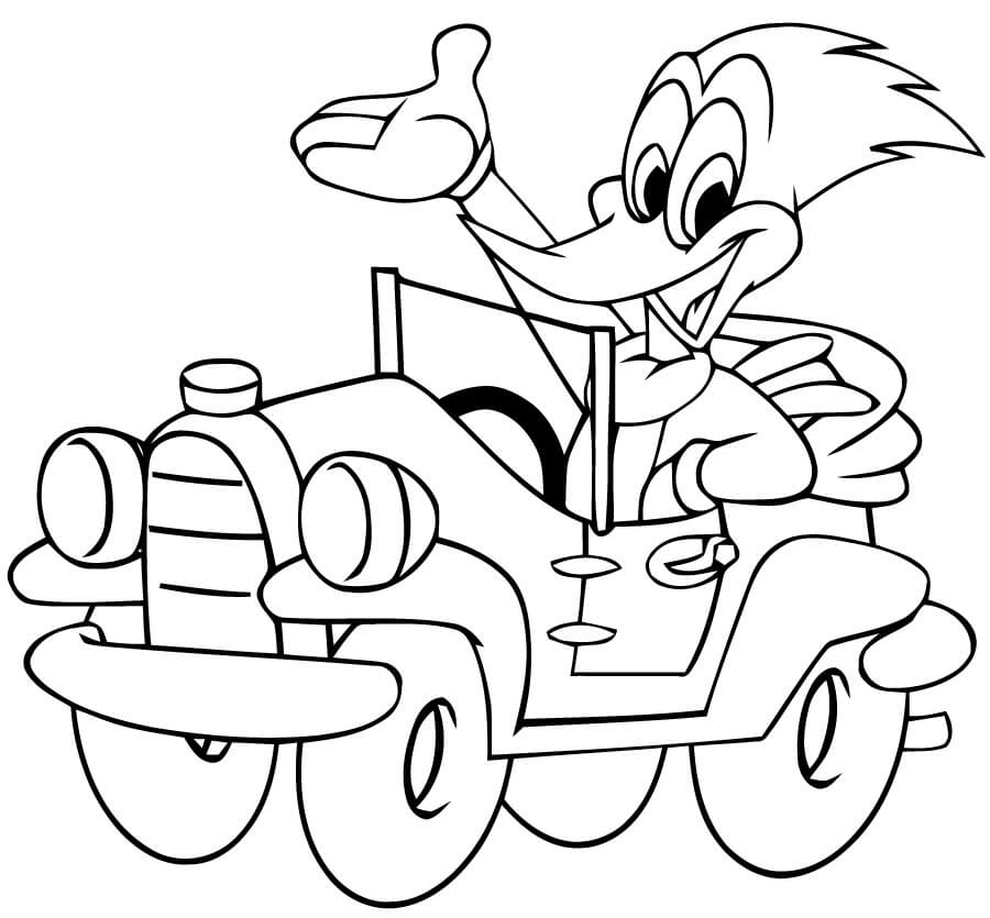 Dibujo de Woody Woodpecker en Coche para Colorear