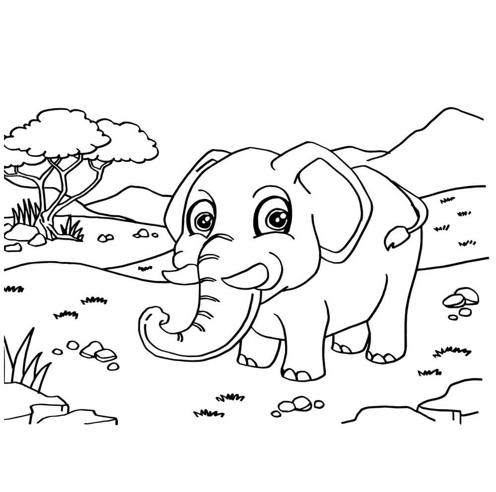 Dibujo de Elefante Caminando en la Sabana para Colorear
