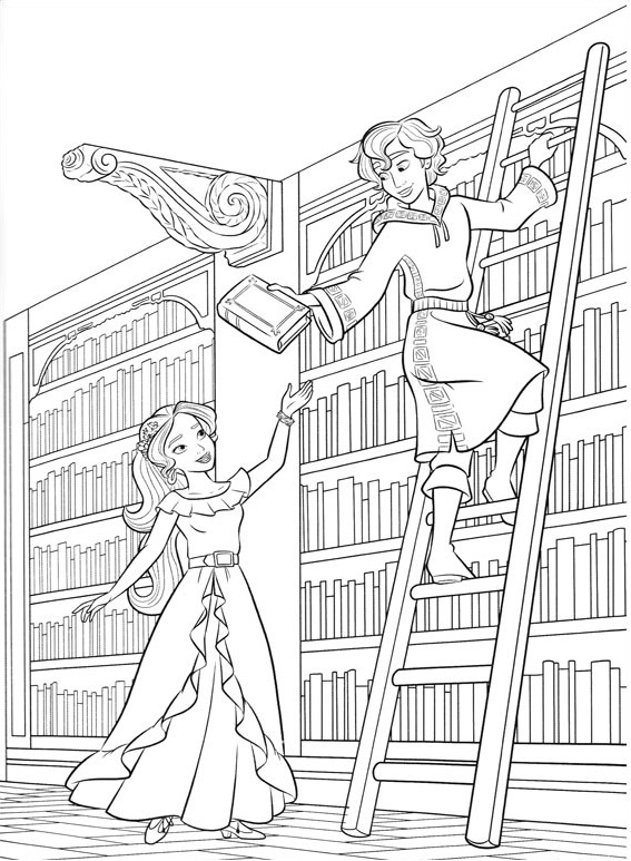 Dibujo de Elena y Mateo en Biblioteca para Colorear