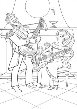 Dibujo de La Princesa Elena con el Padre Tocando la Guitarra para Colorear