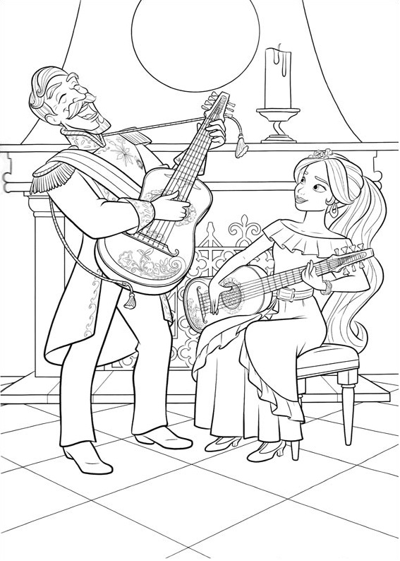 Dibujo de La Princesa Elena con el Padre Tocando la Guitarra para Colorear
