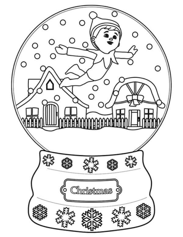 Dibujo de Elfo en el Estante en Bola de Nieve para Colorear