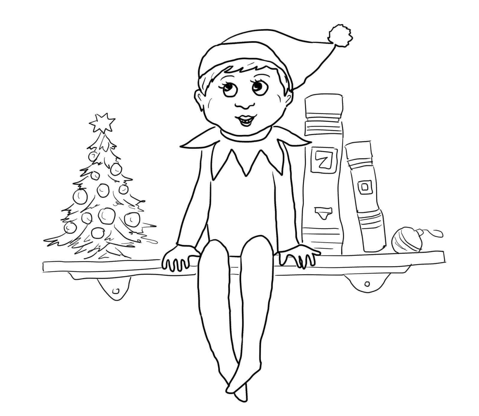 Dibujo de Elfo Feliz en el Estante para Colorear